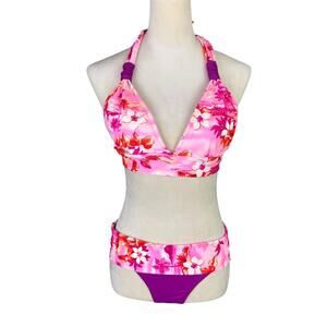 Ujena 84 Pink Purple Hawaiian Tropical Floral Halter Tie 2 Piece Bikini Swimsuit